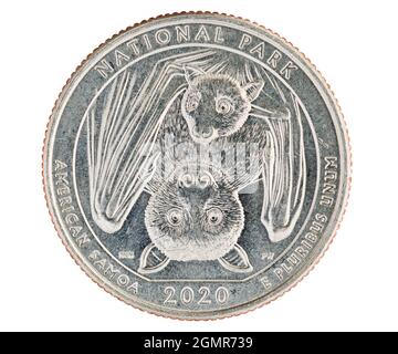 Parc national des Samoa américaines quart de pièce commémorative avec des chauves-souris de fruits isolées sur blanc Banque D'Images