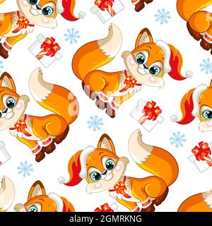 Motif sans couture avec joli renard, cadeaux et flocons de neige. Concept de Noël d'hiver. Illustration vectorielle isolée sur fond blanc. Pour de Illustration de Vecteur