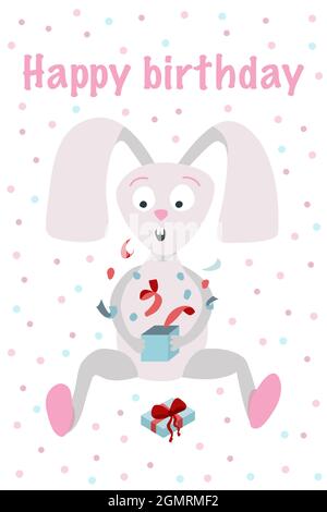 Modèle de carte de vœux d'anniversaire. Un joli lièvre qui ouvre une boîte avec un cadeau et est surpris. Illustration vectorielle de lièvre Illustration de Vecteur