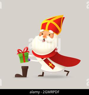 Mignon Saint Nicholas ou Sinterklaas remplir des chaussures avec des cadeaux - illustration vectorielle Illustration de Vecteur