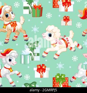 Motif sans couture avec joli personnage d'agneau, cadeaux et flocons de neige. Concept de Noël d'hiver. Illustration vectorielle isolée sur fond turquoise.for de Illustration de Vecteur