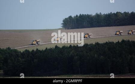 Cinq engins de terrassement articulés Volvo A40E jaunes traversant la plaine de Salisbury, Wiltshire, Royaume-Uni Banque D'Images