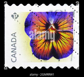MOSCOU, RUSSIE - 6 NOVEMBRE 2019 : timbre-poste imprimé au Canada montre Midnight Glow Pansy - bobine, série de pansies, vers 2015 Banque D'Images