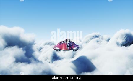 jeune fille sur une voiture volante dans les nuages au-dessus. Concept futur. rendu 3d. Banque D'Images