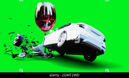 la voiture 3d générique blanche se bloque dans une bouteille d'alcholol. Concept de conducteur sobre. rendu 3d. Banque D'Images