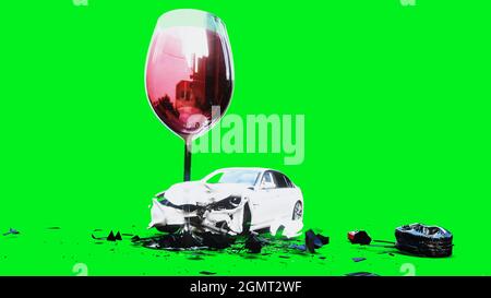 la voiture 3d générique blanche se bloque dans une bouteille d'alcholol. Concept de conducteur sobre. rendu 3d. Banque D'Images