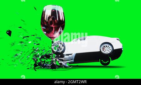 la voiture 3d générique blanche se bloque dans une bouteille d'alcholol. Concept de conducteur sobre. rendu 3d. Banque D'Images