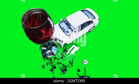 la voiture 3d générique blanche se bloque dans une bouteille d'alcholol. Concept de conducteur sobre. rendu 3d. Banque D'Images