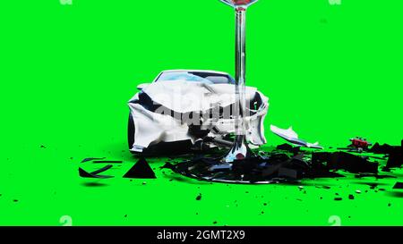 la voiture 3d générique blanche se bloque dans une bouteille d'alcholol. Concept de conducteur sobre. rendu 3d. Banque D'Images