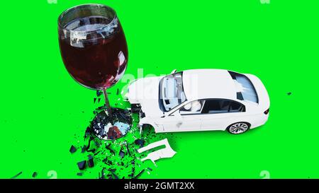 la voiture 3d générique blanche se bloque dans une bouteille d'alcholol. Concept de conducteur sobre. rendu 3d. Banque D'Images