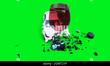 la voiture 3d générique blanche se bloque dans une bouteille d'alcholol. Concept de conducteur sobre. rendu 3d. Banque D'Images