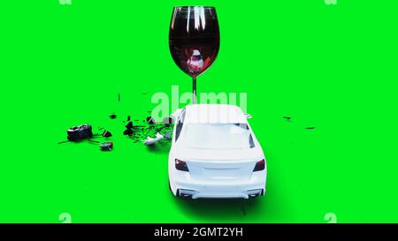 la voiture 3d générique blanche se bloque dans une bouteille d'alcholol. Concept de conducteur sobre. rendu 3d. Banque D'Images