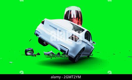 la voiture 3d générique blanche se bloque dans une bouteille d'alcholol. Concept de conducteur sobre. rendu 3d. Banque D'Images