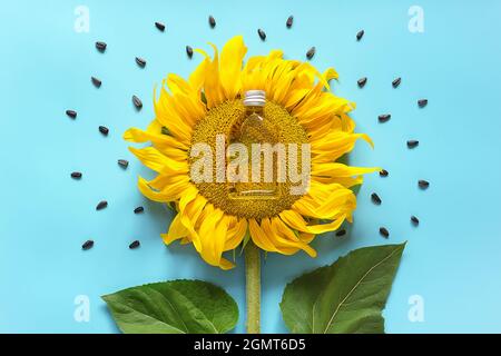 Bouteille d'huile de tournesol naturelle, graines et tournesol jaune frais sur fond bleu. Concept créatif production d'huile végétale biologique, temps de récolte. Banque D'Images