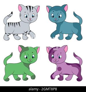 Quatre chats animés différents amusants isolés sur fond blanc, image couleur des animaux de compagnie Illustration de Vecteur