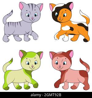 Quatre chats cartoon différents isolés sur fond blanc, image couleur des animaux Illustration de Vecteur