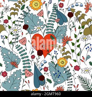 Cœur rouge parmi les fleurs. Joli motif lumineux pour la Saint-Valentin, carte d'anniversaire Illustration de Vecteur