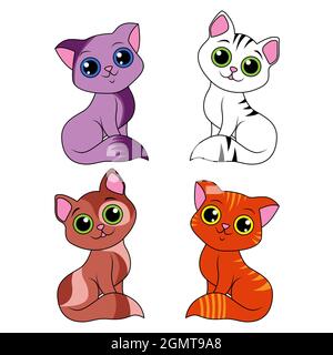 Quatre chats animés différents amusants isolés sur fond blanc, image couleur des animaux de compagnie Illustration de Vecteur