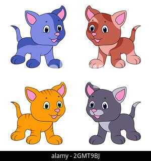 Quatre chats de dessin animé différents drôle isolés sur fond blanc, image couleur des animaux de compagnie Illustration de Vecteur