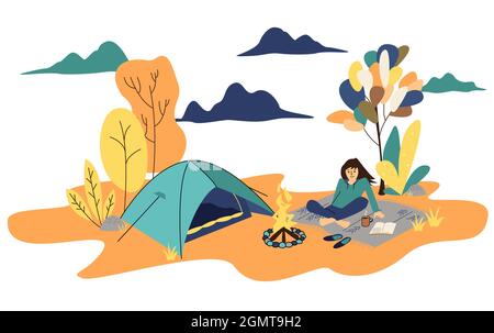 Camping d'automne. La fille seule aime les loisirs de plein air au coin du feu Illustration de Vecteur