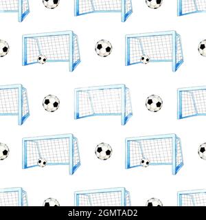Illustration de motif aquarelle du but et du ballon de football. Imprimé sport de la coupe du monde de football à répétition sans couture. Isolé sur fond bleu. Dessiné par han Banque D'Images