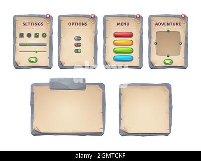 Jeux ui défile, planches en pierre et parchemins anciens, interface de menu de dessin animé, planches rocailleuses texturées, éléments graphiques gui design. Panneau utilisateur avec paramètres, options ou jeu de vecteurs 2d isolés d'aventure Illustration de Vecteur