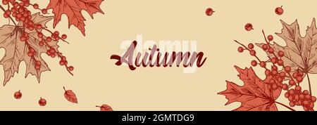 Motif automnal horizontal coloré avec feuilles et baies. Illustration vectorielle dessinée à la main. Bonjour automne Illustration de Vecteur