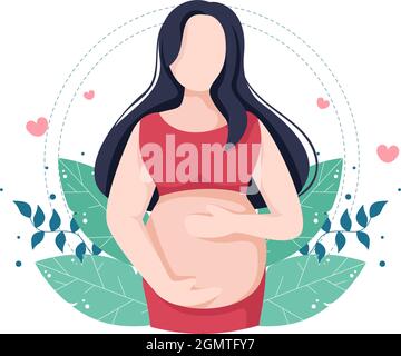 Femme enceinte avec des tasses son ventre ou mère attendant le bébé dans un dessin de dessin à plat style toile de fond de feuilles Illustration vectorielle Illustration de Vecteur