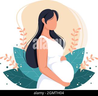 Femme enceinte avec des tasses son ventre ou mère attendant le bébé dans un dessin de dessin à plat style toile de fond de feuilles Illustration vectorielle Illustration de Vecteur