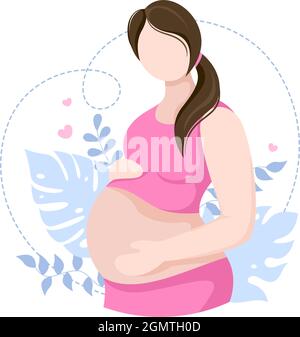 Femme enceinte avec des tasses son ventre ou mère attendant le bébé dans un dessin de dessin à plat style toile de fond de feuilles Illustration vectorielle Illustration de Vecteur