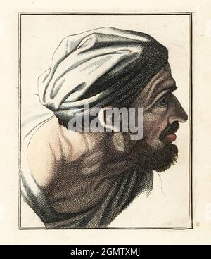 Tête d'un homme barbu en profil turban, d'une peinture d'un ancien maître dans un livre de tutoriel d'art du XVIIIe siècle. Gravure en copperplate de couleur main du Vade Mecum de Robert Sayer, The Artist’s Vade of Drawing, Wing the Whole Art of Drawing, Londres, 1766. Banque D'Images