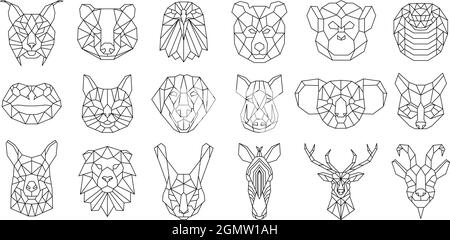 Ours polygonal linéaire, serpent, têtes géométriques de chien. Jeu d'illustrations de vecteurs de poly, de sanglier, de lama, de lynx et de koala bas. Polygonale Illustration de Vecteur