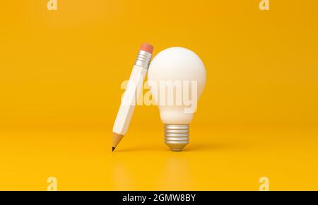 Ampoule et crayon sur fond jaune. Concept créatif. rendu 3d. Banque D'Images