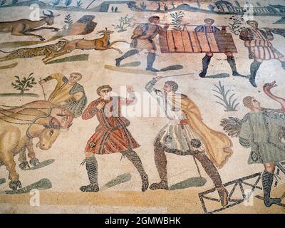 Sicile, Italie - septembre 2019 ; la Villa Romana del Casale est un somptueux palais romain situé près de la ville de Piazza Armerina en Sicile. Excavation Banque D'Images