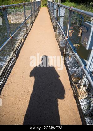 Abingdon, Angleterre - 2 septembre 2019 ombre du photographe, sur la passerelle au-dessus d'Abingdon Weir, la Tamise. Banque D'Images