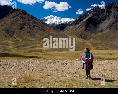 Puno, Pérou - 18 mai 2018; une vieille femme en vue D'une vue majestueuse sur les Andes péruviennes, vue depuis le haut col de Puno les Desea Feliz Viaje High; t Banque D'Images