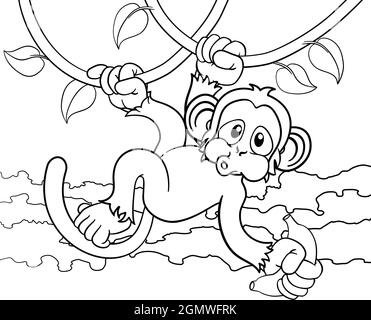 Monkey chantant sur Jungle Vines avec Banana Cartoon Illustration de Vecteur