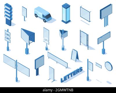 Panneaux publicitaires et bannières publicitaires isométriques extérieurs. Panneaux publicitaires, constructions de signalisation, jeux d'illustrations vectorielles de panneaux urbains Illustration de Vecteur