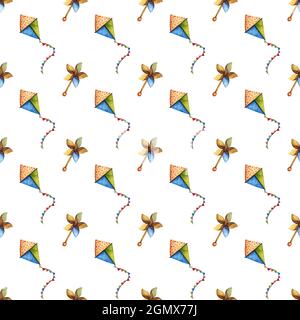 Motif de jouets pour enfants avec cerfs-volants et moulins à vent. Banque D'Images