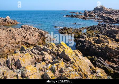 La côte rocheuse à fort Hommet, Vazon Bay, Guernesey, les îles Anglo-Normandes Banque D'Images