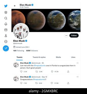 Twitter page (septembre 2021) d'Elon Musk - fondateur, PDG et ingénieur en chef chez SpaceX ; PDG et architecte produit de Tesla, Inc. ; fondateur de la Boring Co Banque D'Images