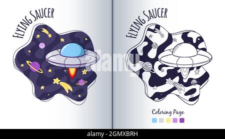 Soucoupe volante dans la page de coloriage de l'espace. Vaisseau spatial dans l'univers. Illustration OVNI de style dessin animé. Vecteur Premium Illustration de Vecteur