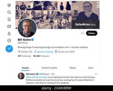 Page Twitter (septembre 2021) de Bill Gates Banque D'Images