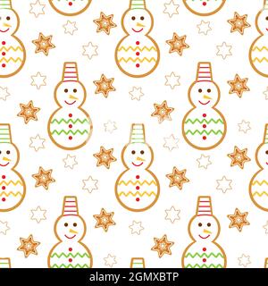 Motif hiver festif sans coutures avec motif représentant des bonhommes de neige et des étoiles. Arrière-plan de Noël et du nouvel an avec des gâteaux faits maison traditionnels. Templa Illustration de Vecteur