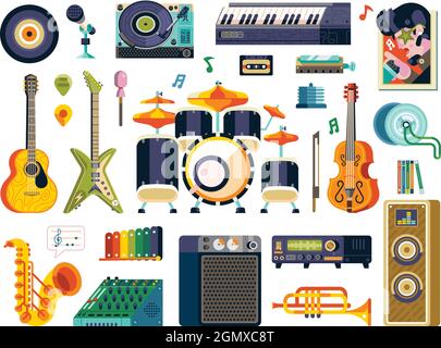 Enregistrement des icônes de Studio Music instruments à plat Illustration de Vecteur