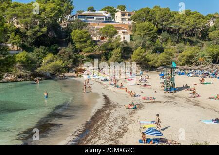 Cala Santanyi, Espagne; septembre 11 2021: Vue générale de la plage de Cala Santanyi sur l'île de Majorque, avec des baigneurs sur le sable et dans le Mediterran Banque D'Images