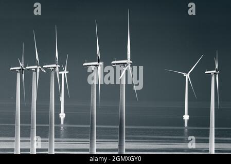 Copenhague, Danemark - 7 juin 2011 ; des turbines tournent dans un parc éolien dans des eaux peu profondes à l'extérieur du port de Copenhague, au Danemark. Les nuages gris apparaissent au-dessus du Nord Banque D'Images