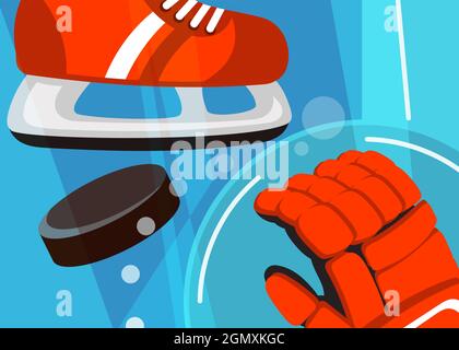 Bannière de hockey avec patins et gants. Affiche sport de style dessin animé. Illustration de Vecteur