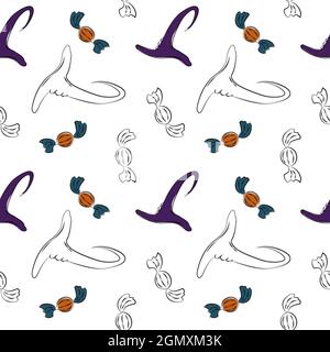 Motif Halloween sans coutures avec chapeau de sorcière et bonbons. Arrière-plan de dessin animé avec des éléments simples. Imprimé de Noël pour l'emballage de papier, vaisselle, nappes Illustration de Vecteur