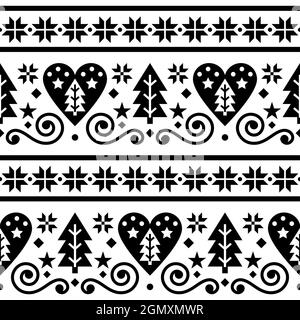 Scandinave Noël folk sans couture motif vectoriel, répétitif floral mignon Nordic design avec arbres de Noël, flocons de neige et coeurs en noir sur merde Illustration de Vecteur